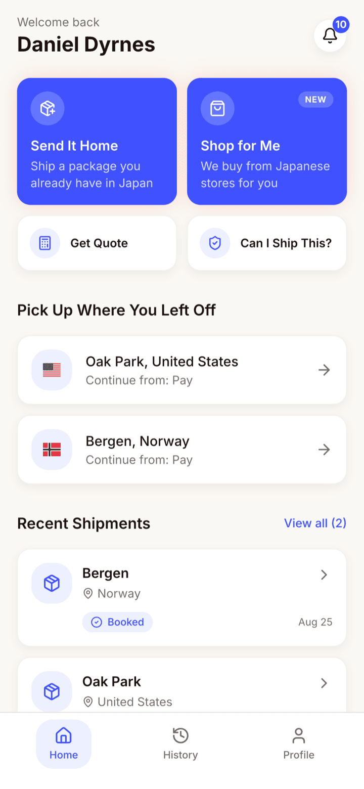 Tela inicial do app ShipMate GO, mostrando Enviar para casa e Shop for Me lado a lado