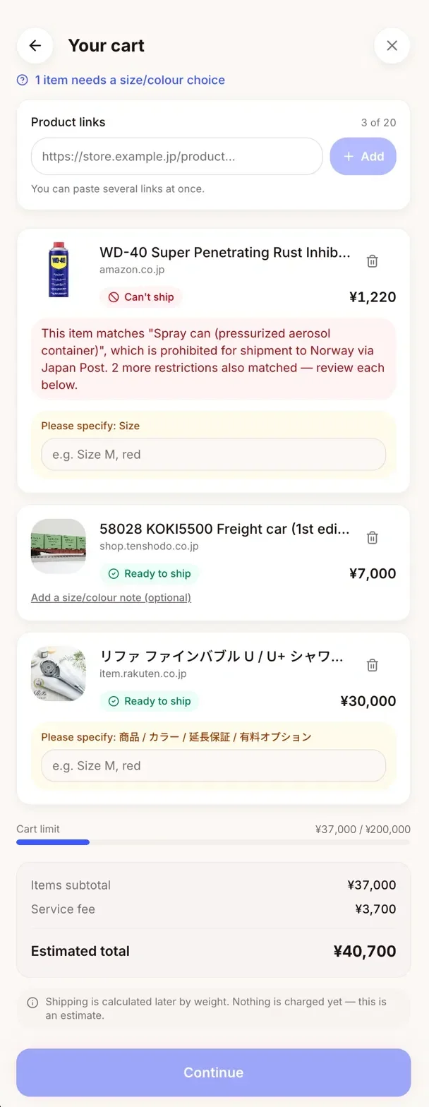 O carrinho Shop for Me no app ShipMate: três links de produtos de lojas japonesas diferentes, um deles marcado como não enviável, com o total e o limite do carrinho