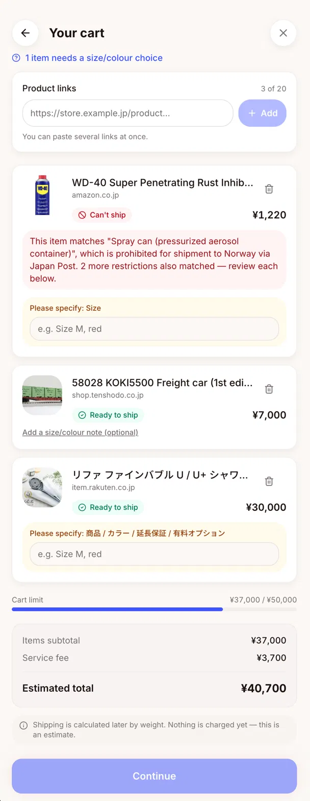 The Shop for Me cart in the ShipMate app: three product links from different Japanese stores, one flagged as unable to ship, with the running total and cart limit
