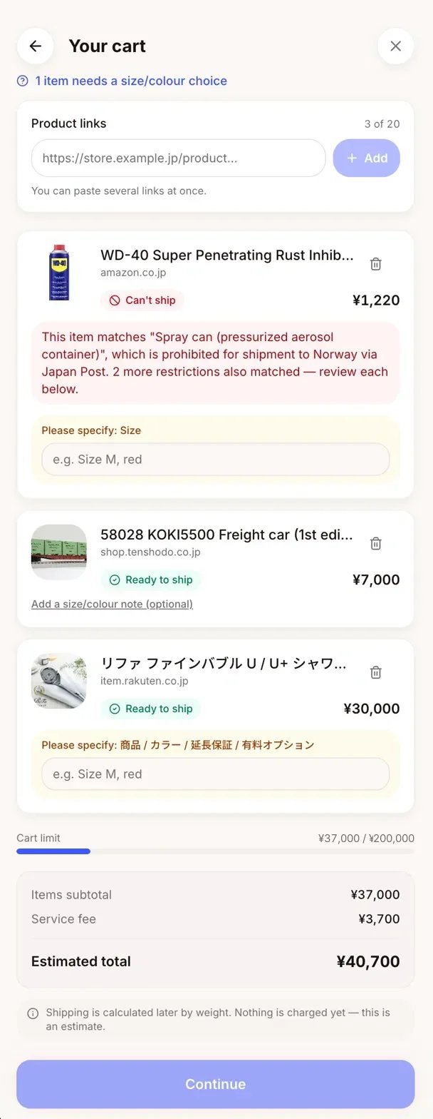 El carrito de Shop for Me en la aplicación ShipMate: tres enlaces de productos de distintas tiendas japonesas, uno marcado como no apto para envío, junto con el total acumulado y el límite del carrito